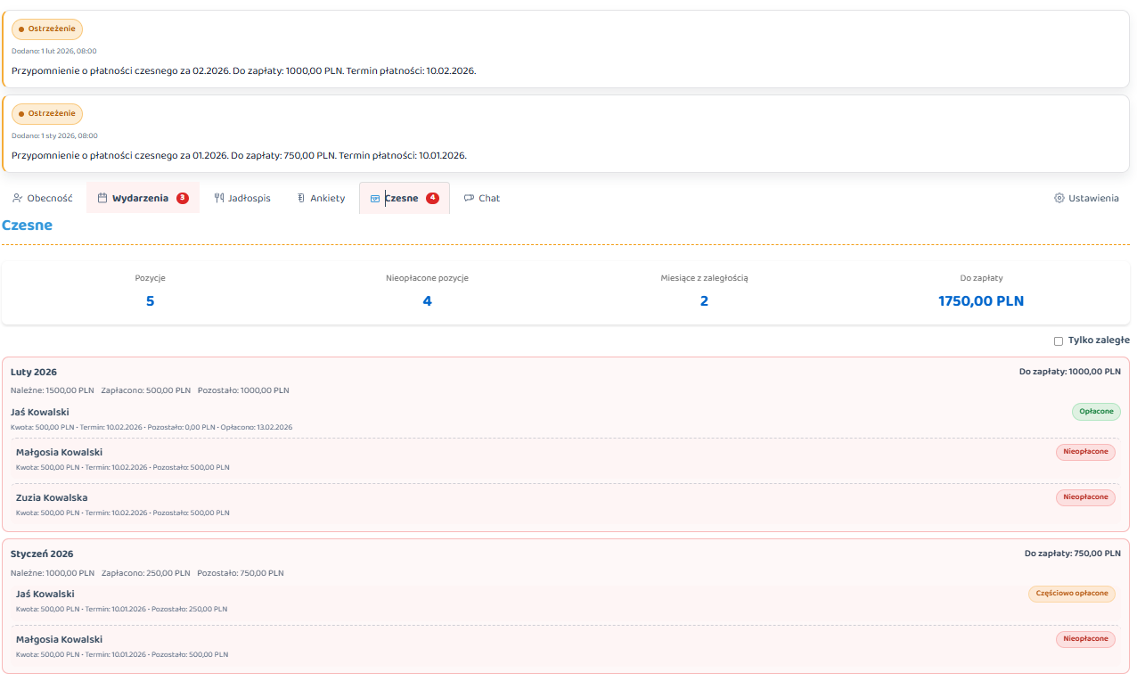 Panel rozliczeń i czesnego
