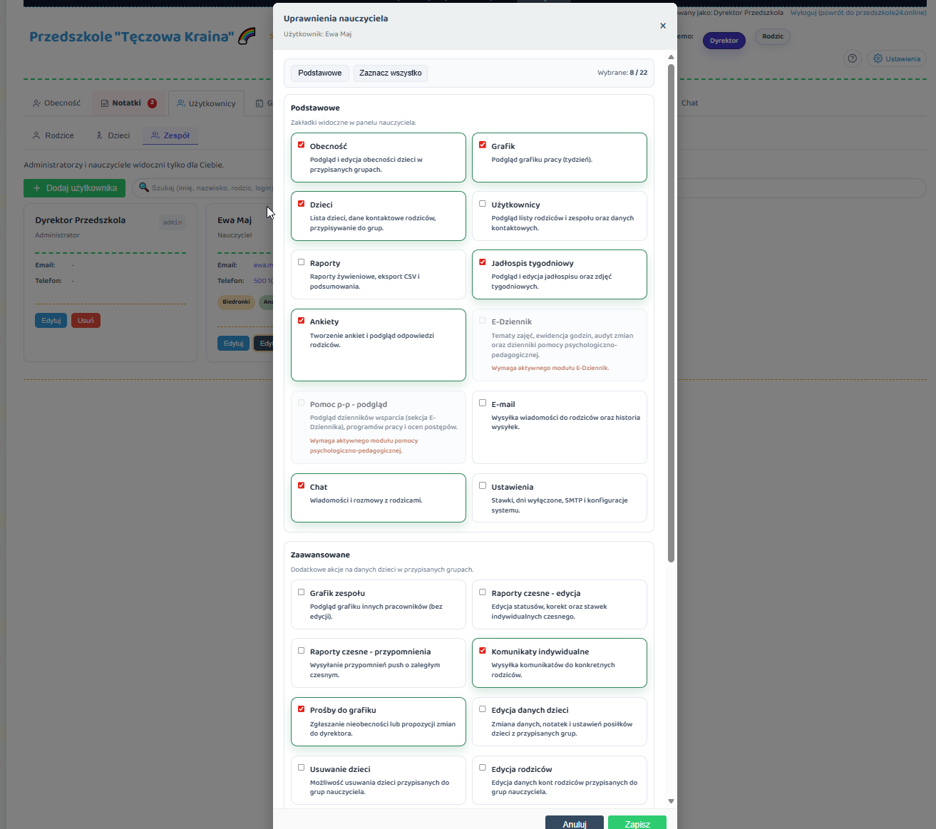 Panel uprawnień pracowników